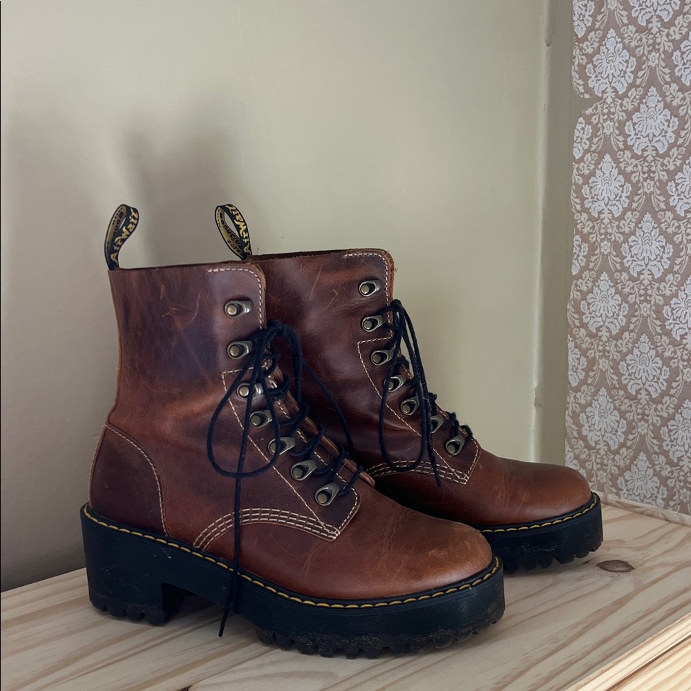Brown Leather Lace-Up Platform Boots